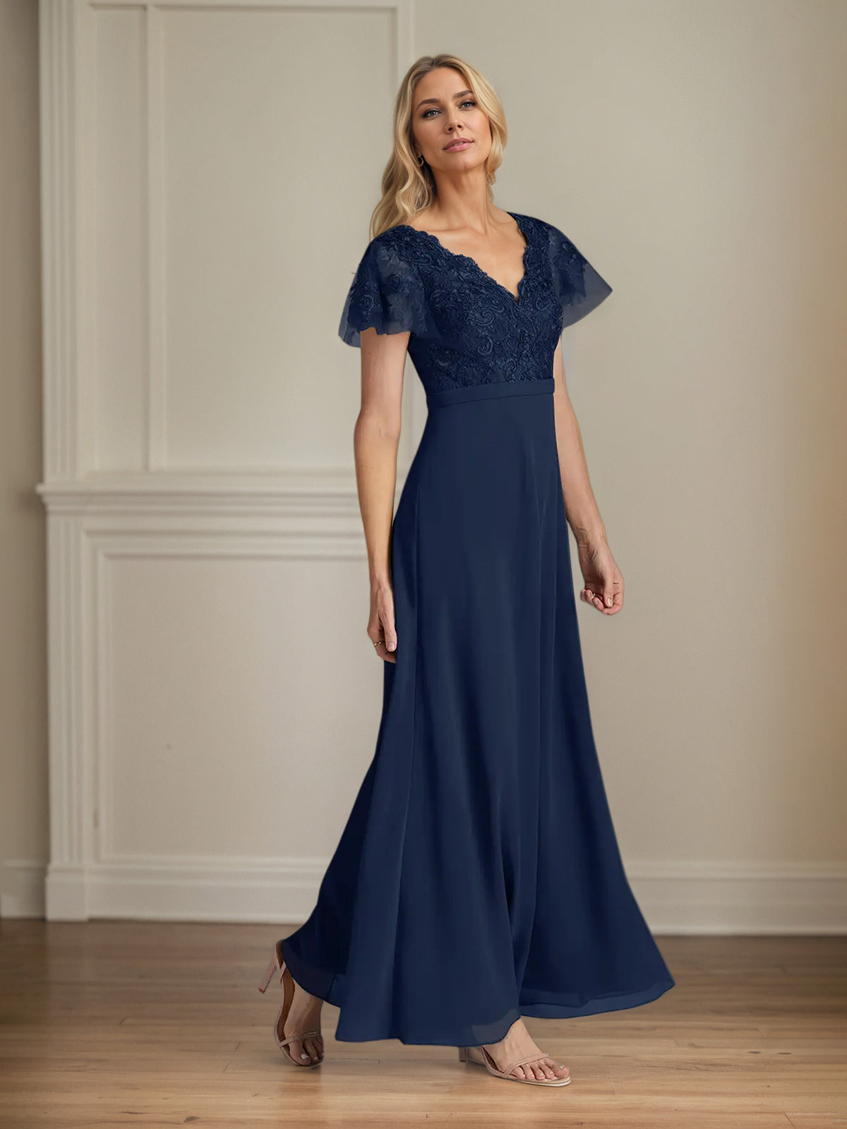 A Line Chiffon V Neck Short Sleeves Floor Length Mother of the Bride Dresses