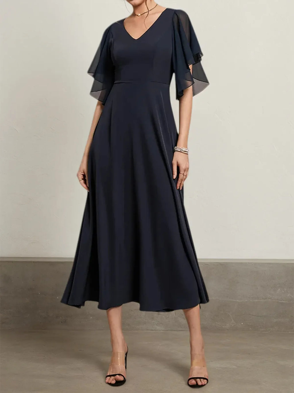 Purplish blue Chiffon V Neck Short Sleeve Bell Sleeve A-Line Midi Dress