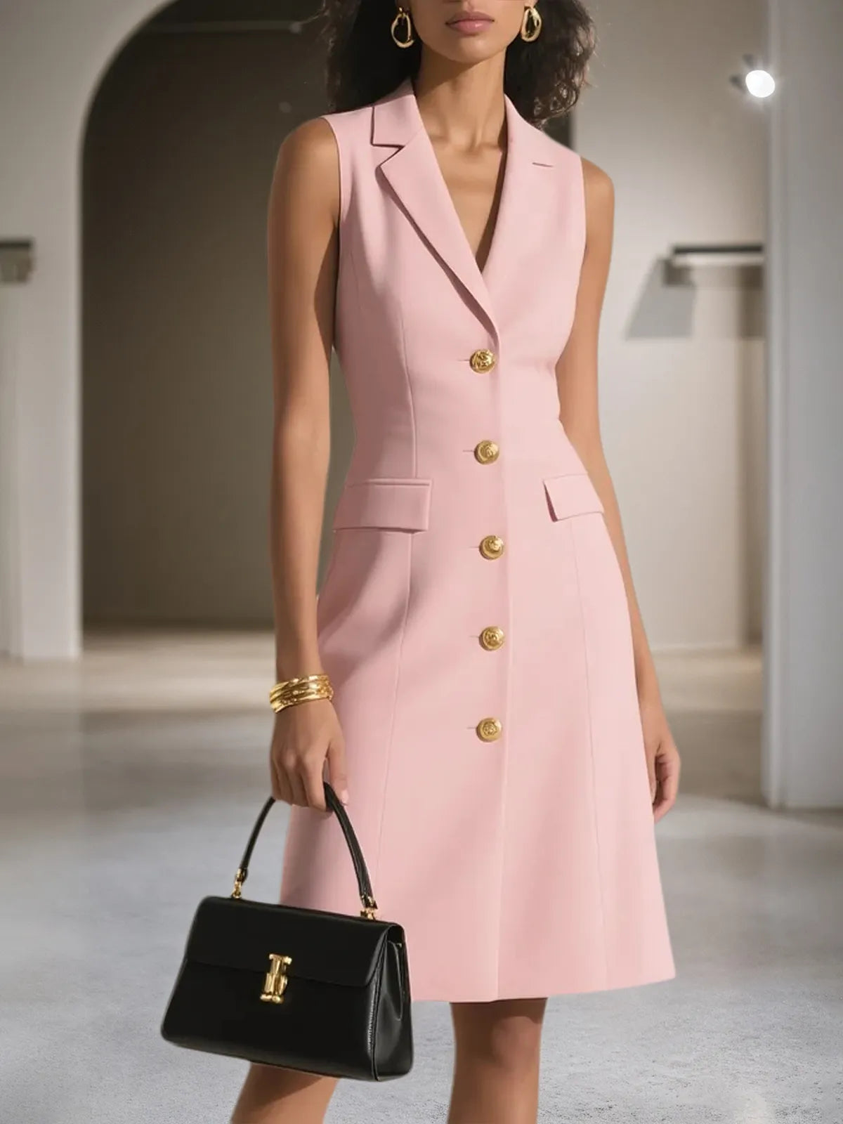Vestido blazer midi rosa sin mangas en línea A con cuello chal