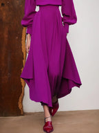 Rosarotes asymmetrisches Kleid mit Bootsausschnitt, langen Ballonärmeln und A-Linie Midi-Länge