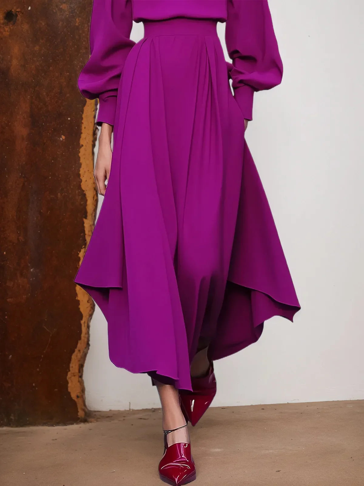 Rosarotes asymmetrisches Kleid mit Bootsausschnitt, langen Ballonärmeln und A-Linie Midi-Länge