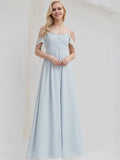 Ice Blue Chiffon A Line Off the Shoulder Sleeveless Floor Length Bridesmaid Dress With Ruffle