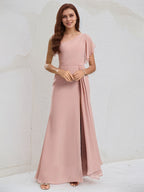 Dusty Rose Chiffon A Line One Shoulder Floor Length Bridesmaid Dress With Ruffle