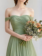 A Line Sage Chiffon Off the Shoulder Sleeveless Floor Length Dress