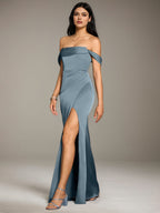 Dusty Blue Satin Sheath/Column Off The Shoulder Sleeveless Floor Length Bridesmaid Dress