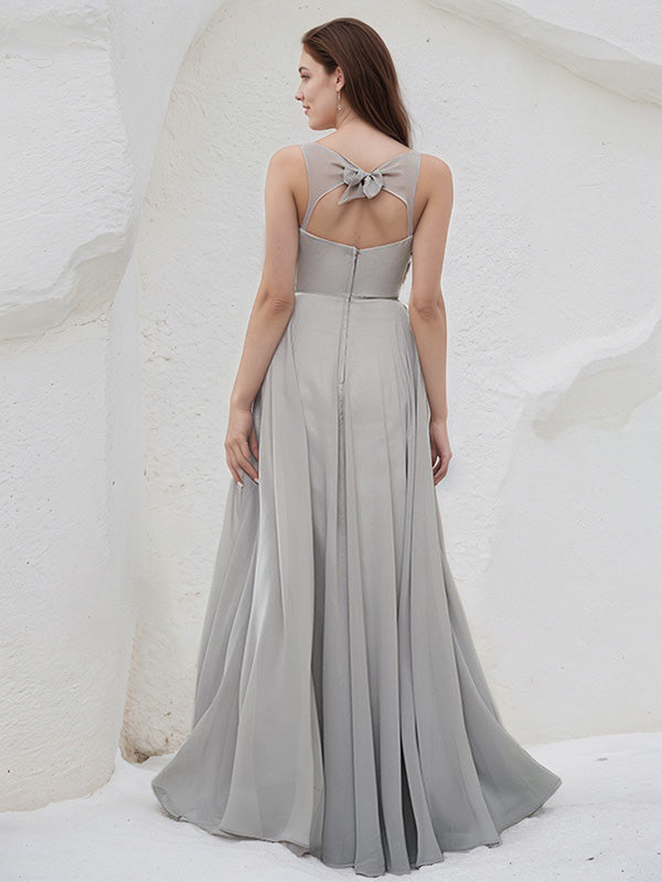 Silver Chiffon A Line V Neck Sleeveless Floor Length Bridesmaid Dress