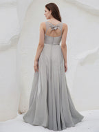 Silver Chiffon A Line V Neck Sleeveless Floor Length Bridesmaid Dress