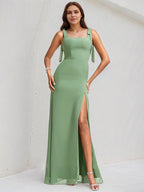 Basil Chiffon A Line Square Neck Sleeveless Floor Length Bridesmaid Dress