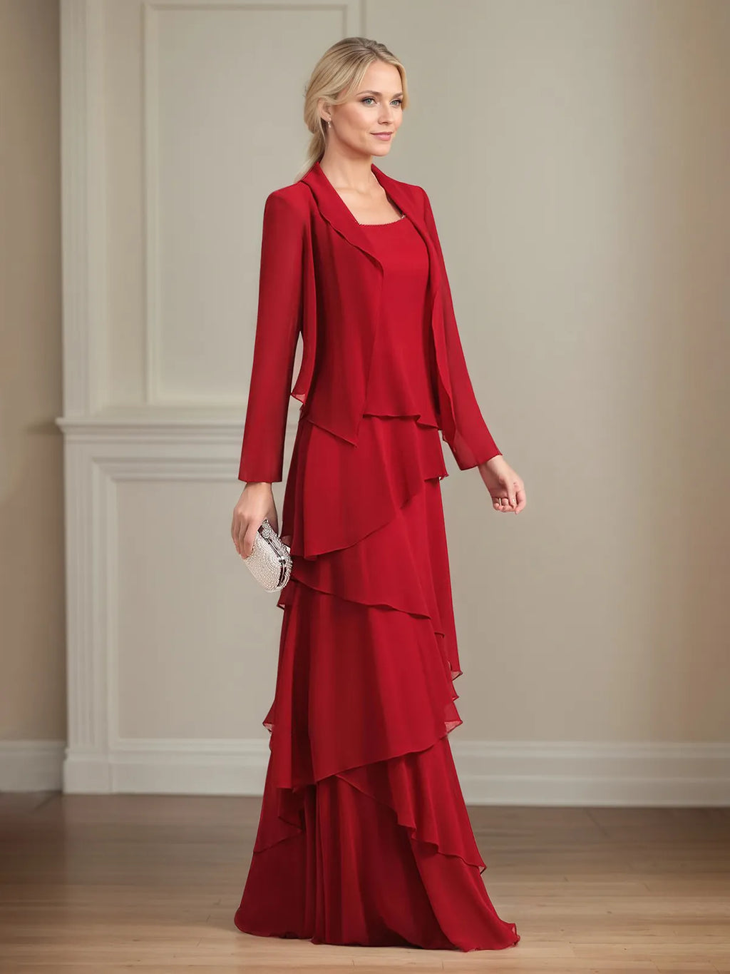 Chiffon-Kleid mit quadratischem Ausschnitt, ärmellos, bodenlang, plissiert, Brautmutterkleid mit Jacke