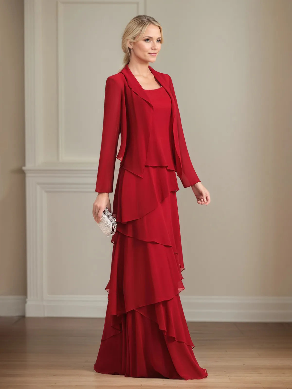 Robe de mère de la mariée en mousseline à col carré sans manches, longueur au sol plissée avec veste
