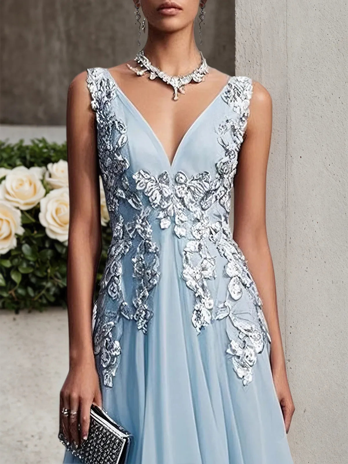 Robe de bal bleu clair en dentelle asymétrique en chiffon col en V sans manches ligne A maxi