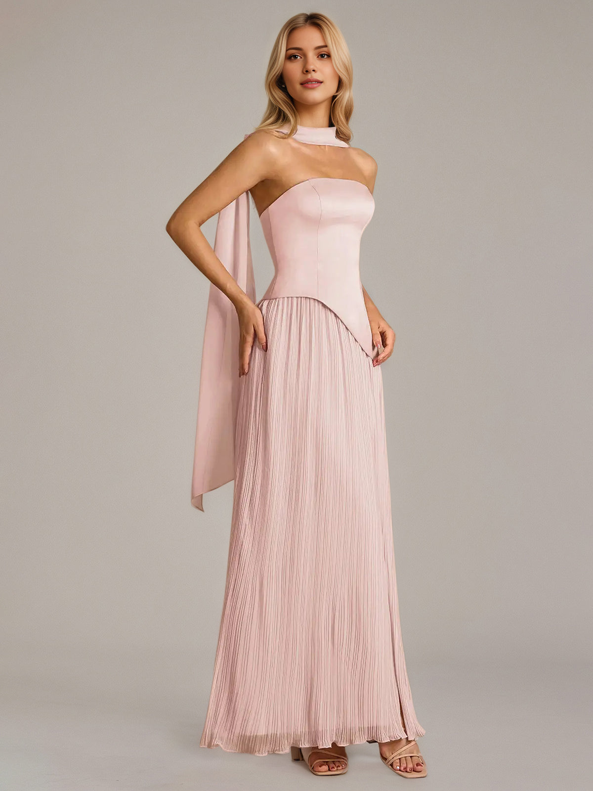A Line Satin Off The Shoulder Sleeveless Floor Length Dress