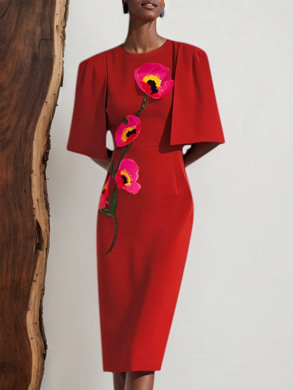 Red Embroidery Floral Half Sleeve Sheath Midi Dress