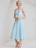 Sky Blue A-Line V-Neck Tea-Length Chiffon Cocktail Dress With Pleated