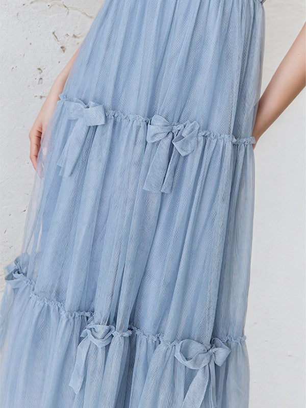 A Line Dusty Blue Chiffon Spaghetti Straps Sleeveless Floor Length Dress With Bows