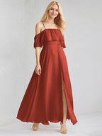 Rust Chiffon A Line Spaghetti Straps Sleeveless Floor Length Bridesmaid Dress With Ruffle