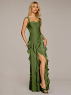 Olive Green Sheath/Column Satin Square Neck Sleeveless Floor Length Dresses