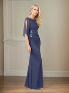 Sheath/Column Boat Neck 1/2 Sleeve Floor Length Chiffon Dress With Beadings