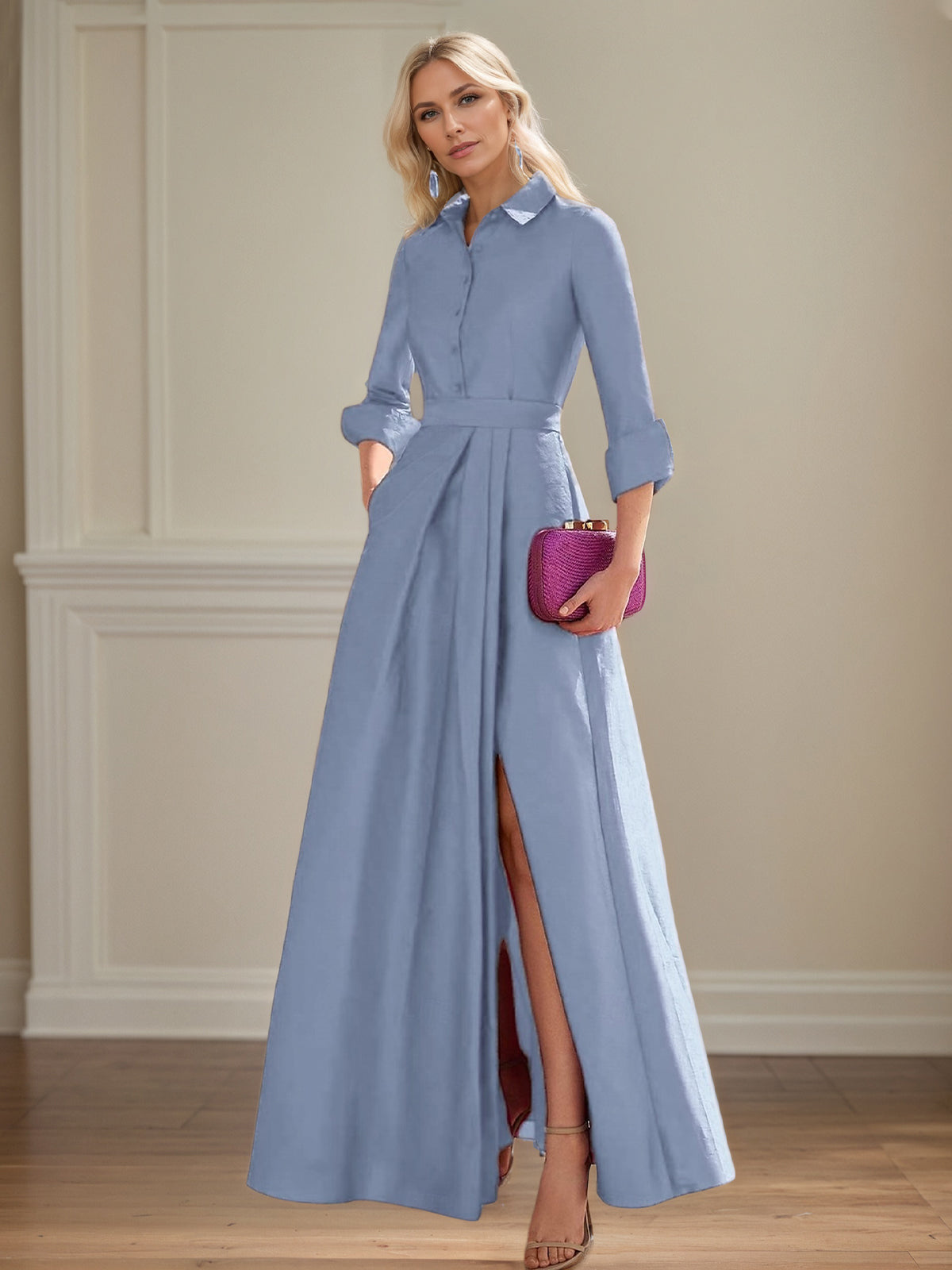 A Line High Neck 3/4 Sleeves Floor Length Mother of the Bride Dresses