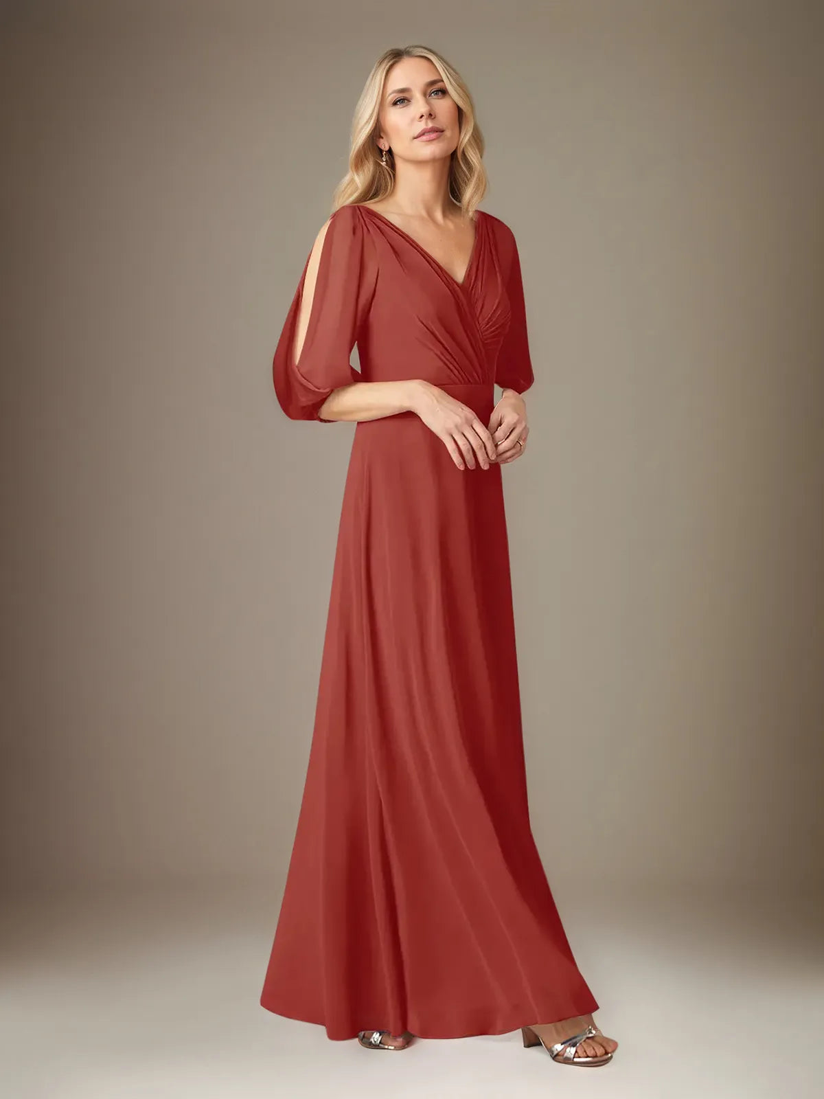A Line Chiffon V Neck 1/2 Sleeves Floor Length Pleated Mother of the Bride Dresses