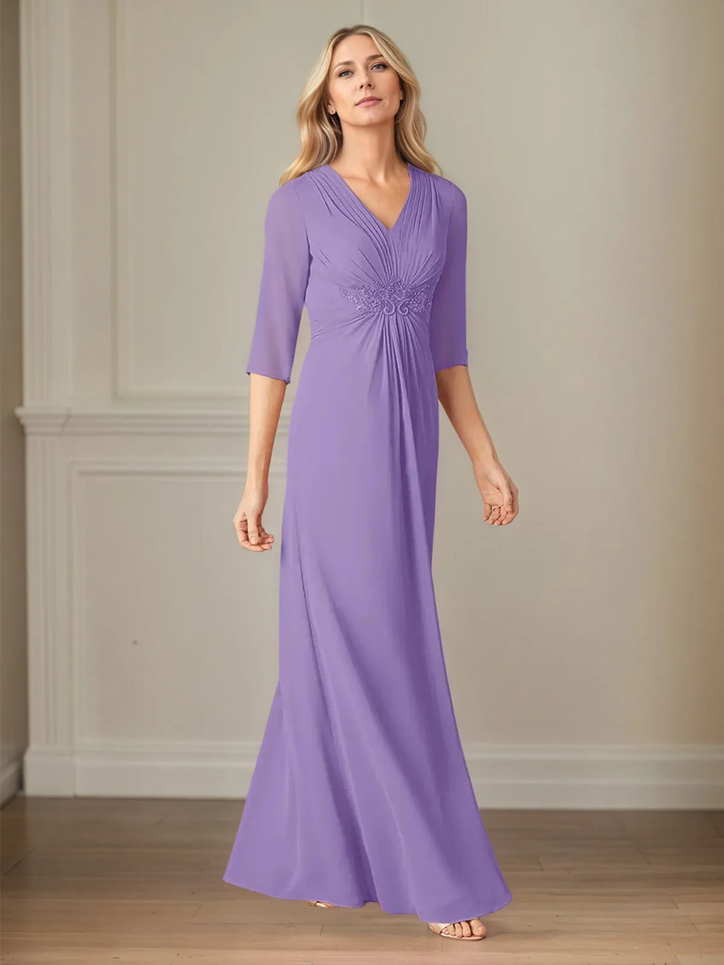A Line Chiffon V Neck 3/4 Sleeves Floor Length Dress