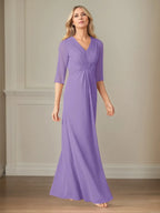 A Line Chiffon V Neck 3/4 Sleeves Floor Length Dress