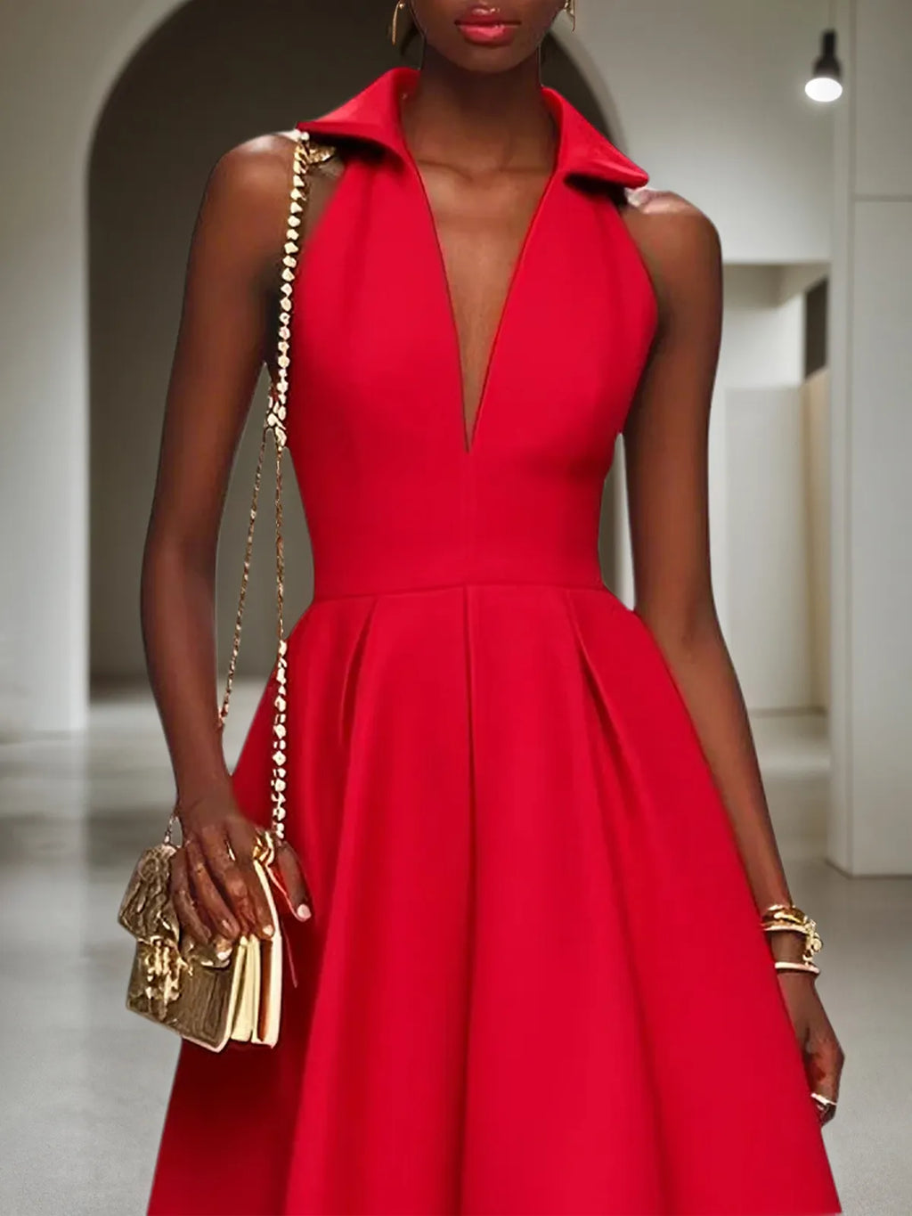 Robe midi classique rouge à col chemise sans manches, ligne A