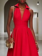 Robe midi classique rouge à col chemise sans manches, ligne A
