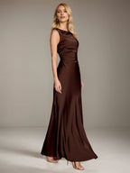 Robe de demoiselle d'honneur chocolat fourreau/colonne en satin sans manches longueur au sol col rond