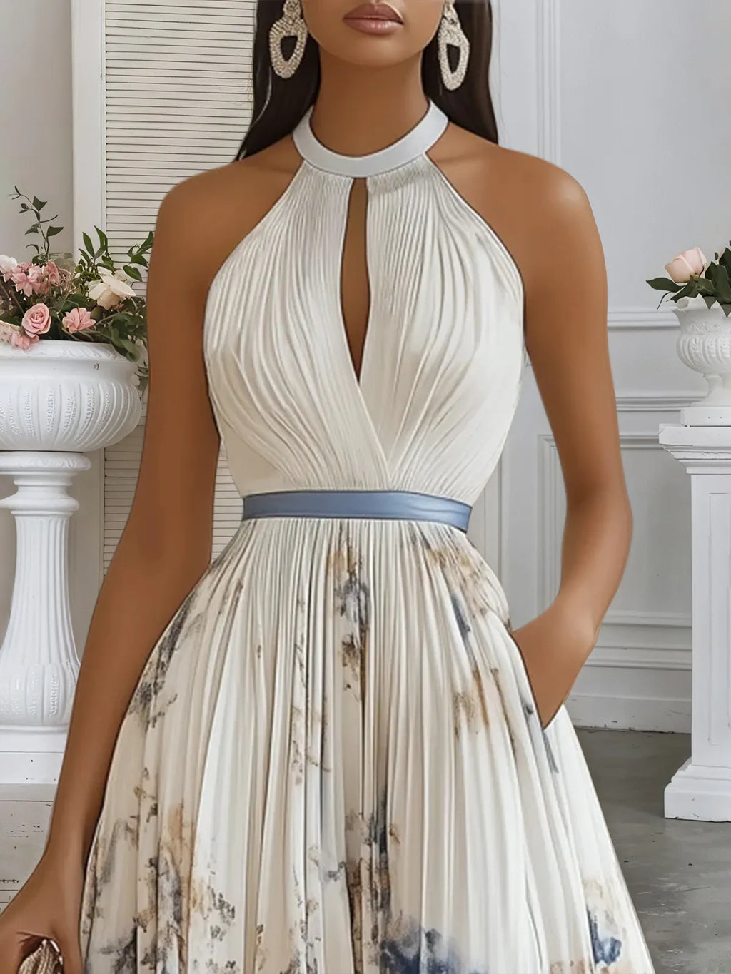 Vestido longo evasê de chiffon branco floral plissado, decote halter e sem mangas