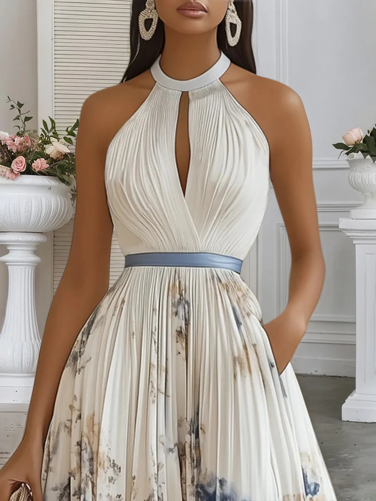 Vestido longo evasê de chiffon branco floral plissado, decote halter e sem mangas