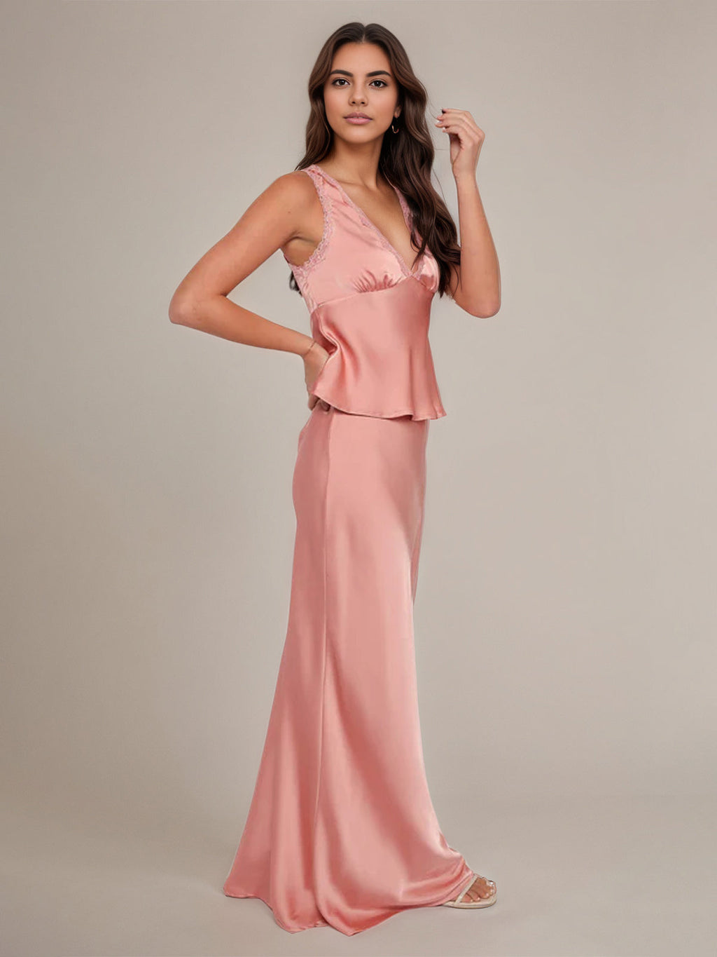 Pink Satin Sheath/Column V Neck Sleeveless Floor Length Bridesmaid Dress