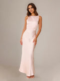 Blushing Pink Satin Sheath/Column Scoop Floor Length Bridesmaid Dresses