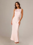 Blushing Pink Satin Sheath/Column Scoop Floor Length Bridesmaid Dresses