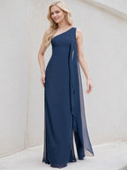 Navy Blue Chiffon A Line One Shoulder Floor Length Bridesmaid Dress