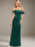 Emerald Sheath/Column Off the Shoulder Floor-Length Satin Bridesmaid Dress