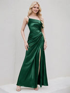 Dark Green Satin A Line One Shoulder Floor Length Bridesmaid Dress