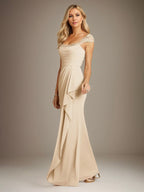 Champagne Sheath/Column Chiffon Square Neck Short Sleeves Floor Length Dress
