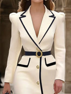 Off White Piping Lapel Collar Long Sleeve Sheath Midi Blazer Dress
