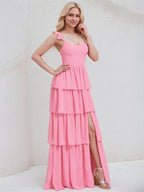Pink Chiffon A Line V Neck Sleeveless Ruched  Floor Length Bridesmaid Dress