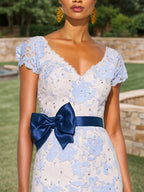 Robe midi sirène classique en organza bleu avec nœud, jacquard, manches courtes, embellie de strass hotfix