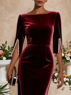 Weinrot Samt-Midikleid mit Imitationsperlen, Bootsausschnitt und halblangen Ärmeln
