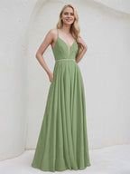 Vestido de Dama de Honra em Chiffon Basil Corte A com Decote em V, Comprimento Longo e Bordados