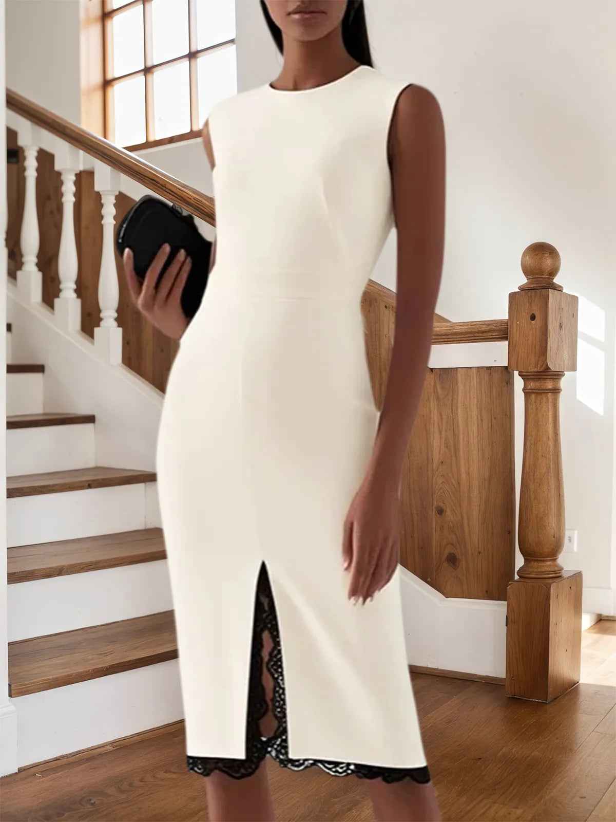 Off-White ärmelloses Etuikleid mit Spitzenkante und Schlitz, Midi-Länge