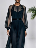 Black Mesh Ruched Chiffon Crew Neck Long Balloon Sleeve A-Line Maxi Dress