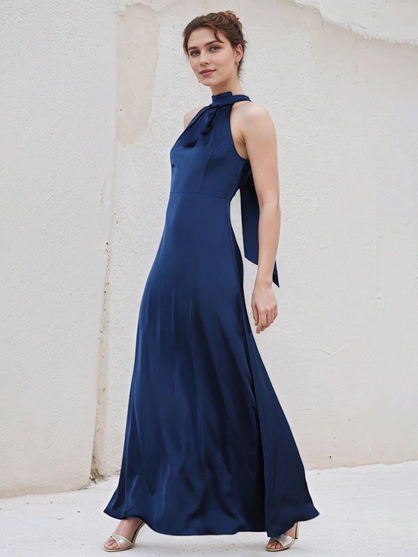 A Line Royal Blue Satin Halter Neck Sleeveless Ankle Length Pleated Dress With Bow
