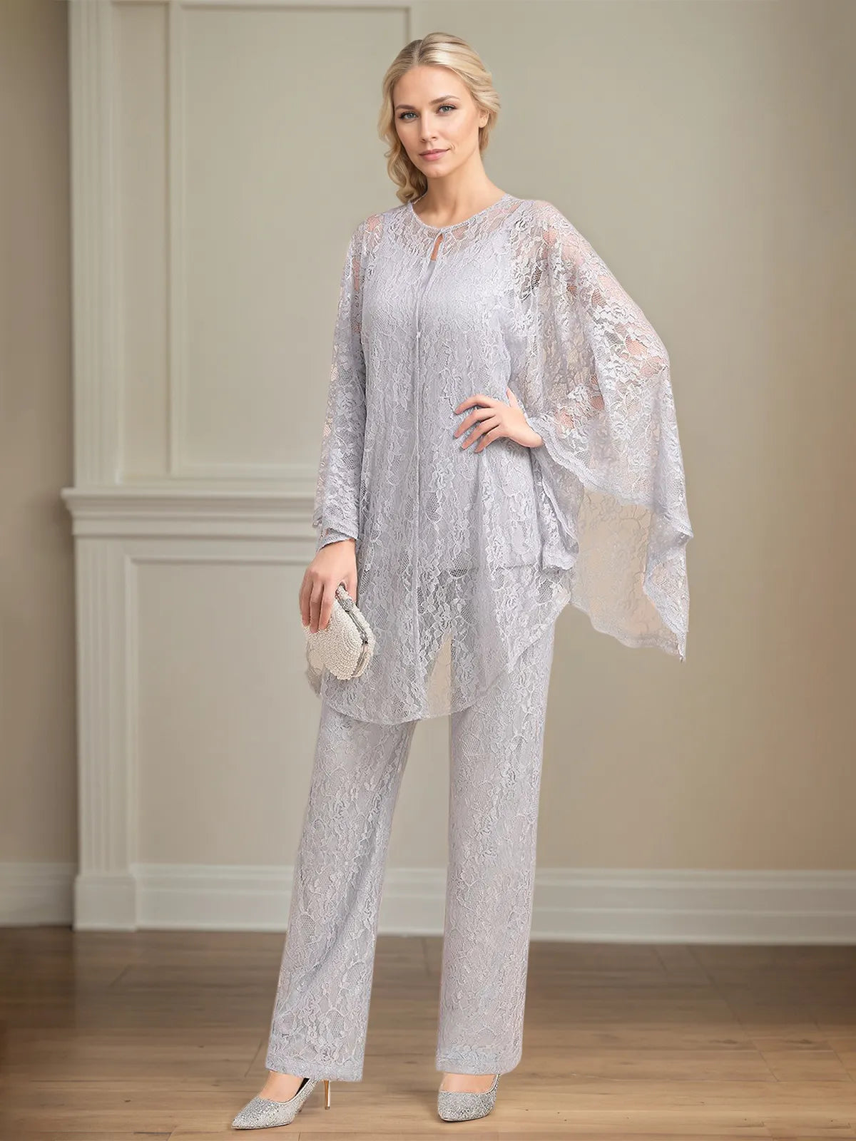 Conjunto de Calça para Mãe da Noiva em Chiffon com Decote V, Sem Mangas, Comprimento Longo e Aplicações