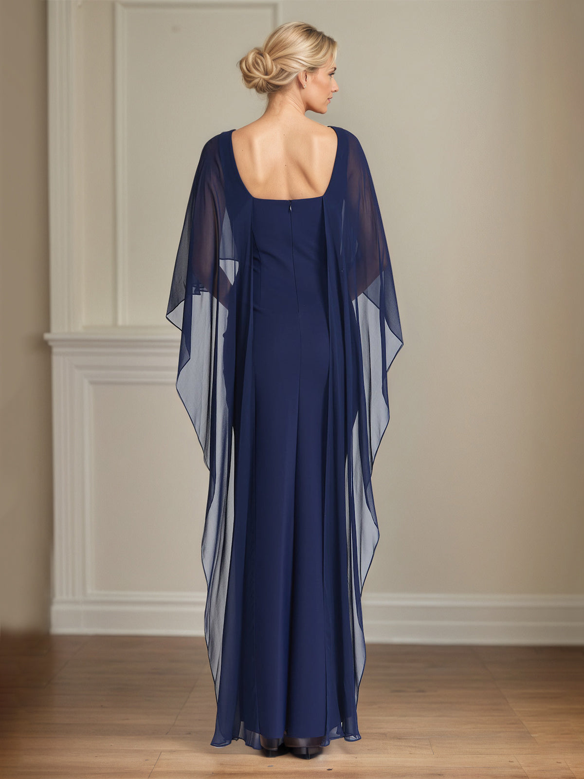 Navy Chiffon Sheath/Column Scoop Neck Floor Length Mother of the Bride Dresses