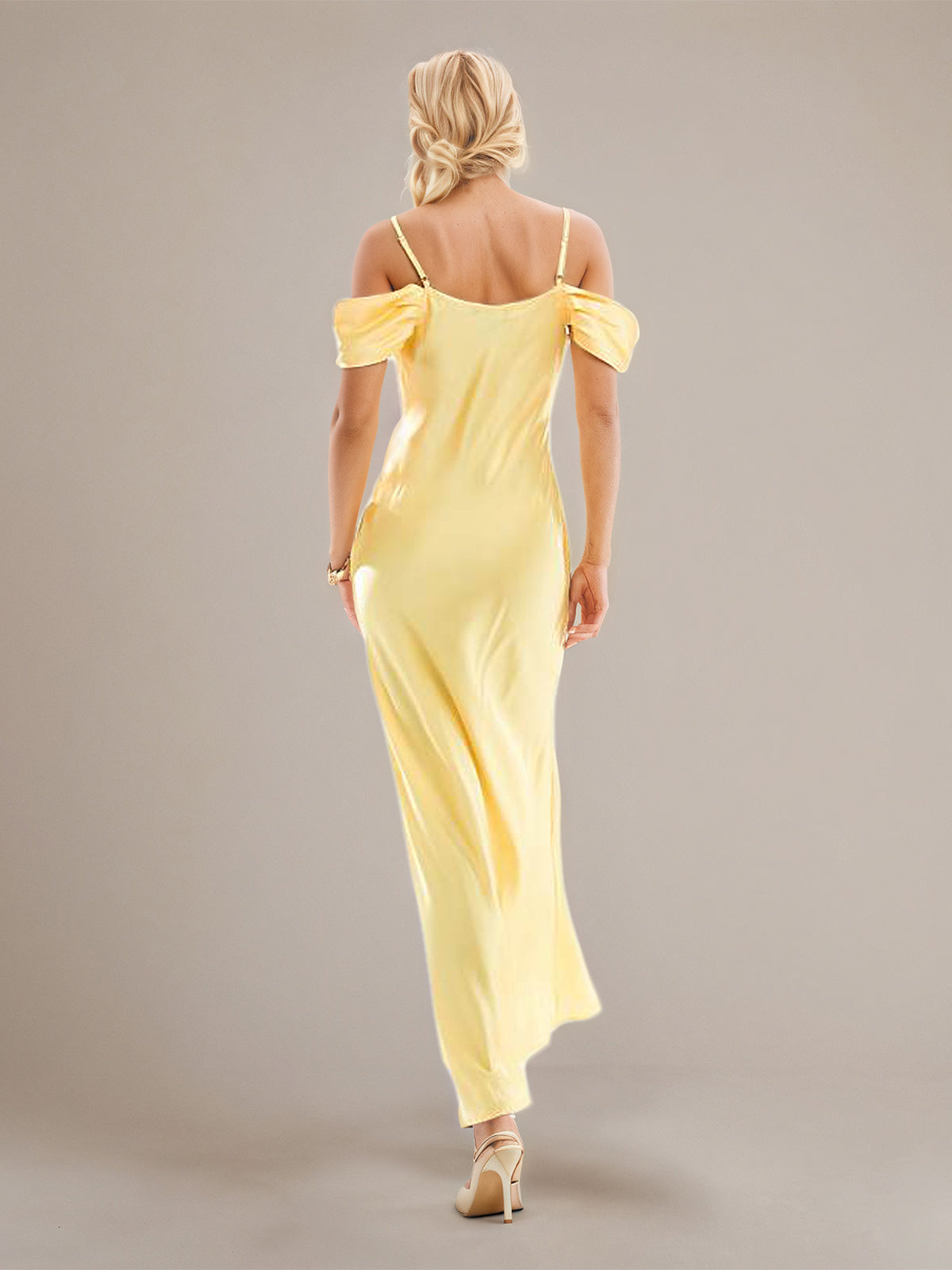Robes jaunes en satin, coupe droite/colonne, bretelles spaghetti, sans manches, longueur cheville