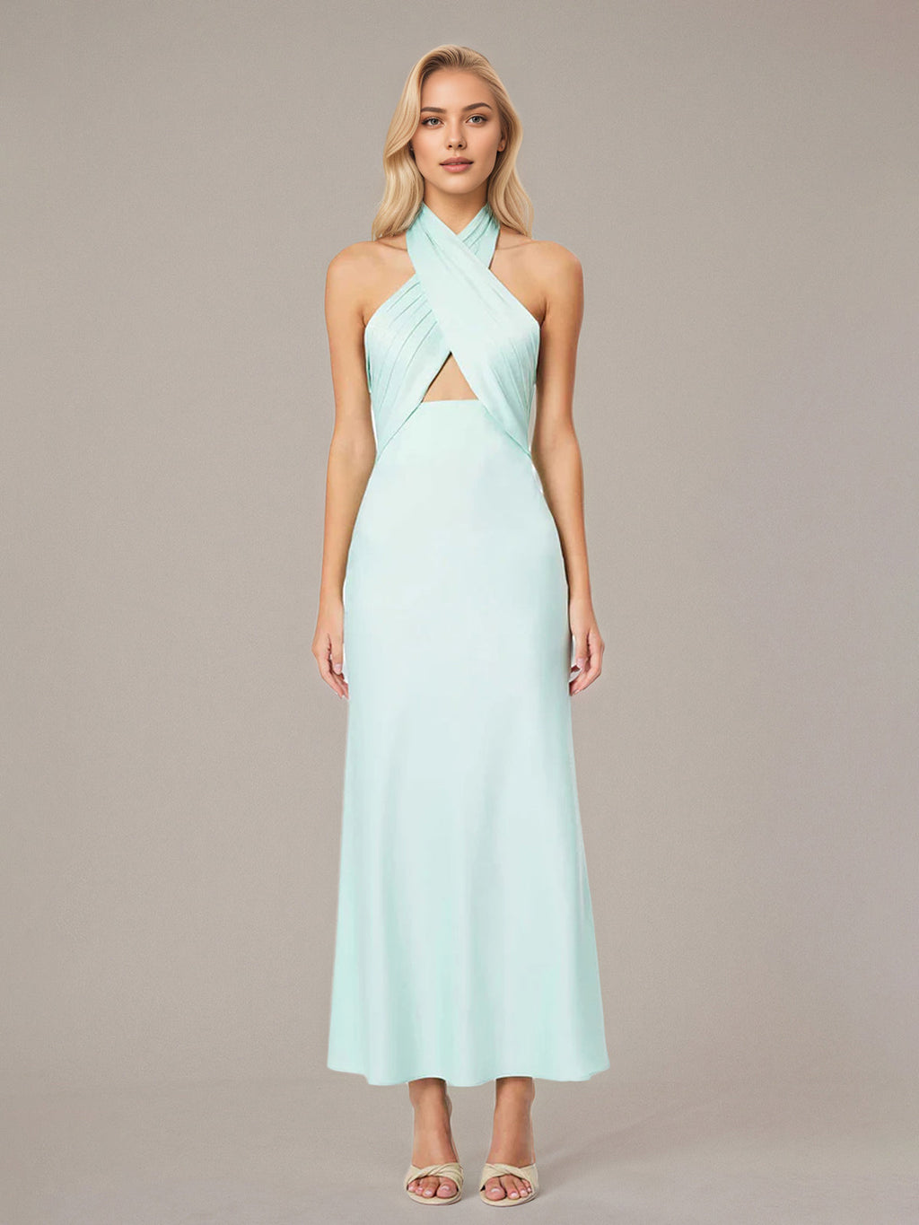 Mint Sheath/Column Satin Halter Neck Sleeveless Floor Length Dress